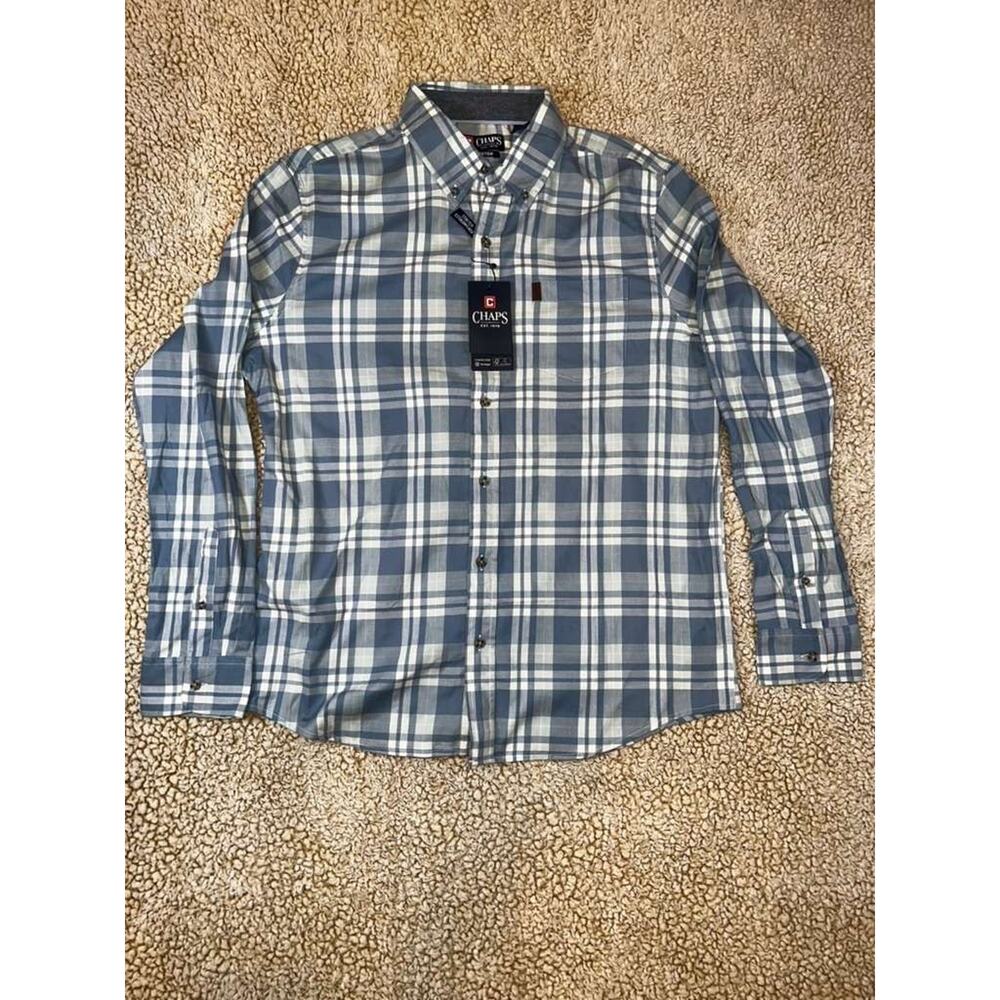 Chaps Mens Large Blue Plaid Button Down Shirt Stretch Long Sleeve Classic Fit